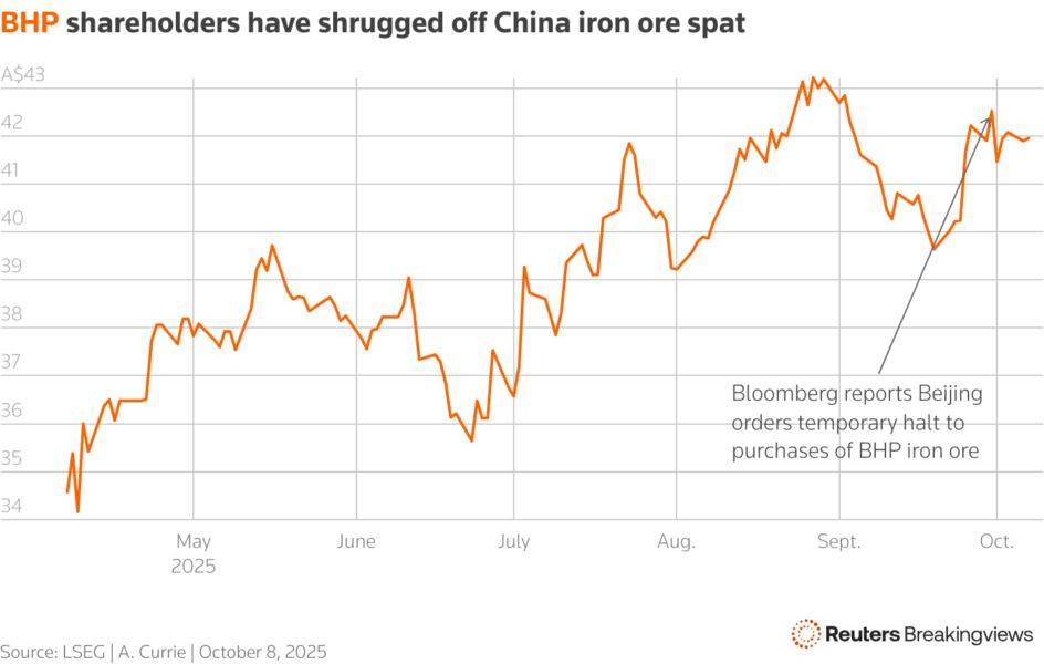 A chart showing the daily stock price of BHP for the past six months